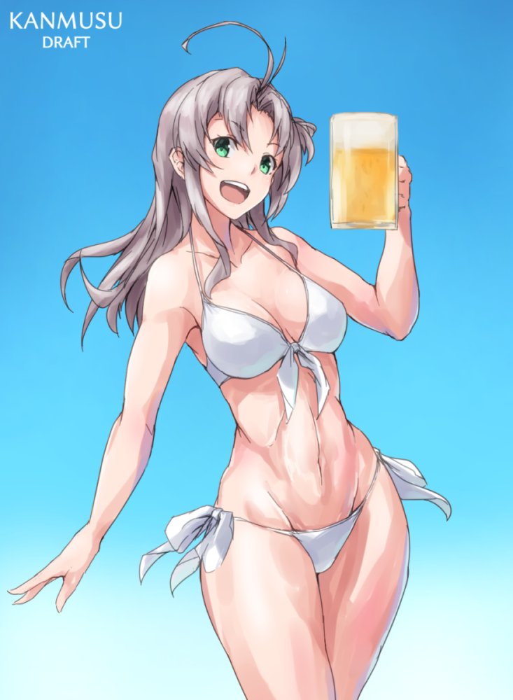 1girl, ahoge, alcohol, antenna_hair, bare_shoulders, beer, beer_mug, bikini