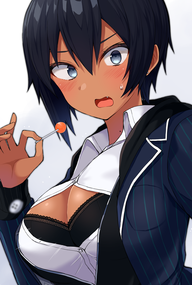 1girl, black_bra, black_hair, blush, bra, breasts, bursting_breasts, candy