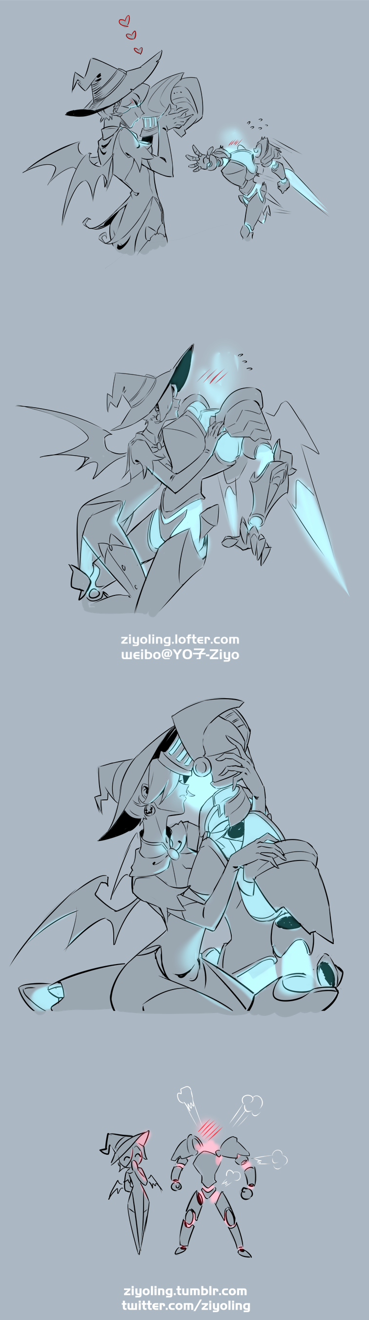 2girls, 4koma, absurdres, alternate_costume, bat_wings, blush, comic, disembodied_head, dullahan, enchanted_armor_pharah, full-body_blush, hat, headless, headwear_removed, helmet, helmet_removed, highres, imminent_kiss, mercy_(overwatch), mini_wings, monster_girl, multiple_girls, overwatch, pharah_(overwatch), power_armor, silent_comic, spot_color, watermark, web_address, weibo_username, wings, witch, witch_hat, witch_mercy, yuri, ziyo_ling