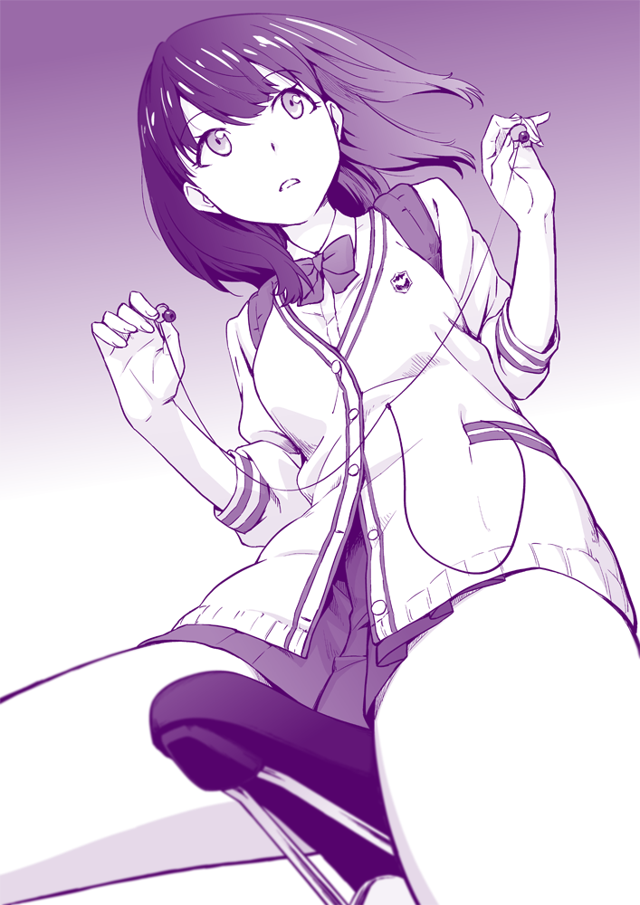 1girl, bangs, bicycle_seat, bow, cardigan, dress_shirt, earphones, eyebrows_visible_through_hair