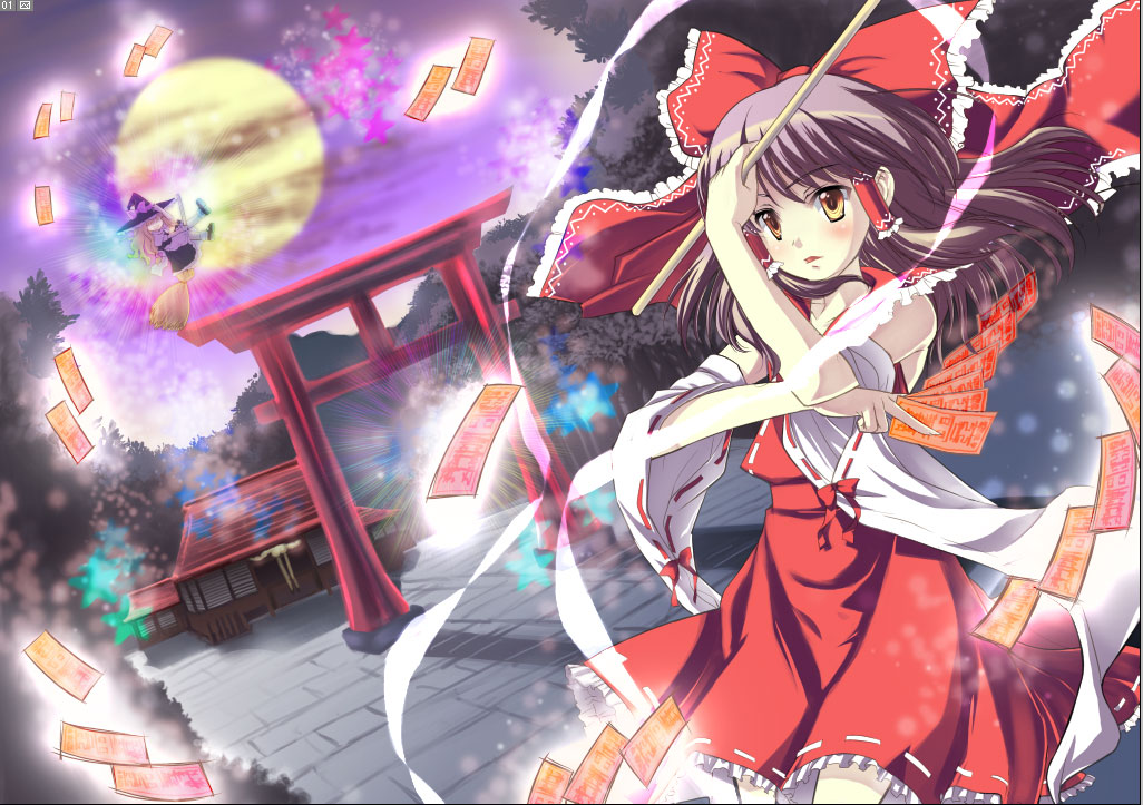 broom, broom_riding, gohei, hakurei_reimu, hat, japanese_clothes, kanuaira, kirisame_marisa