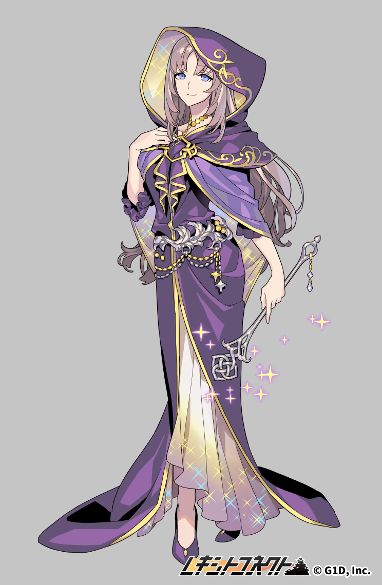 1girl, blue_eyes, brown_hair, copyright_name, dress, full_body, grey_background, hand_up, hood, long_hair, looking_at_viewer, official_art, pota_(bluegutty), purple_dress, purple_footwear, purple_hood, reki_connect, simple_background, smile, standing, tachi-e, tokugawa_fumika, wand, watermark