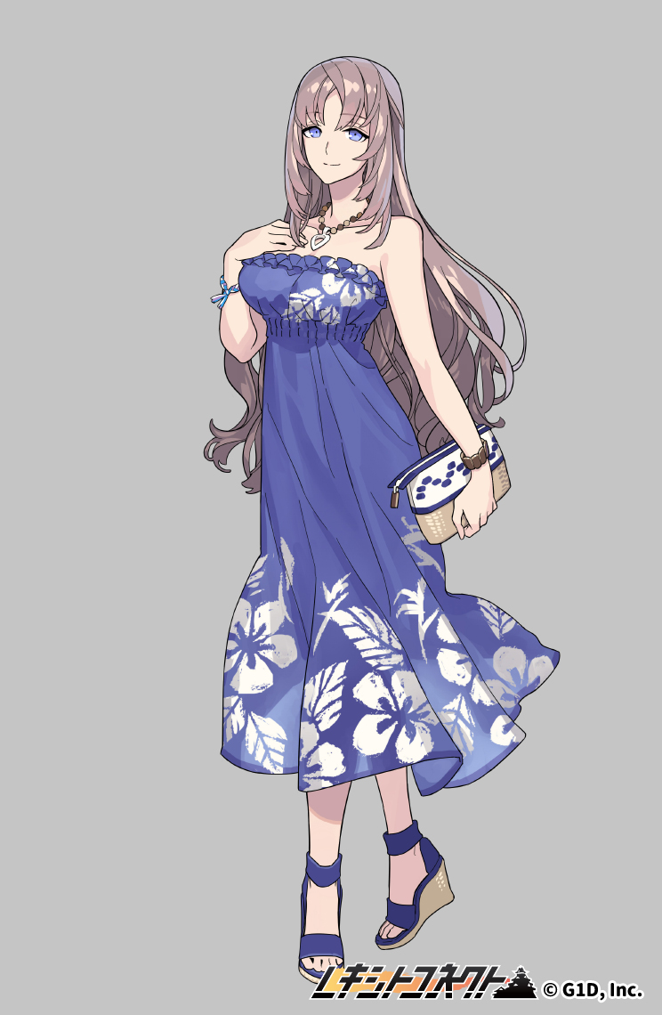 1girl, bag, bare_shoulders, blue_dress, blue_eyes, bracelet, breasts, brown_hair