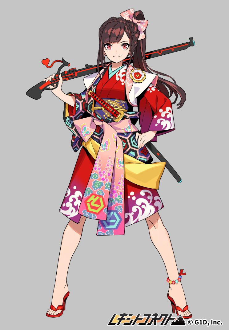 1girl, bow, braid, brown_hair, company_name, copyright_name, full_body, grey_background