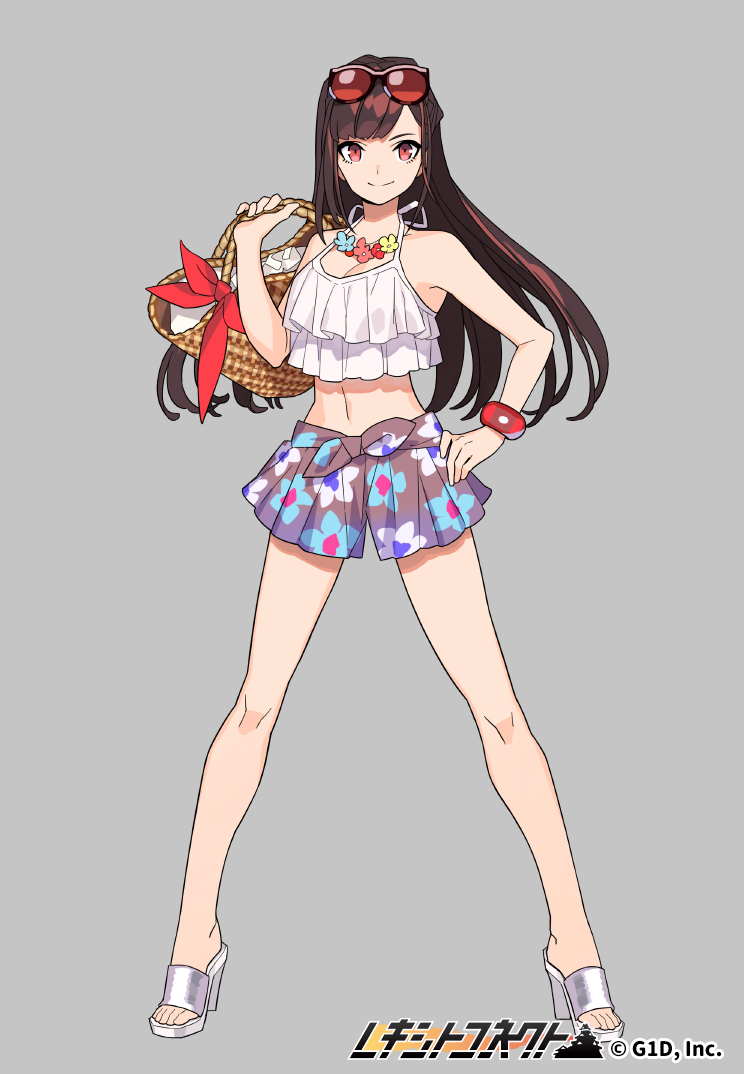 1girl, basket, bracelet, breasts, brown_hair, copyright_name, eyewear_on_head, floral_print