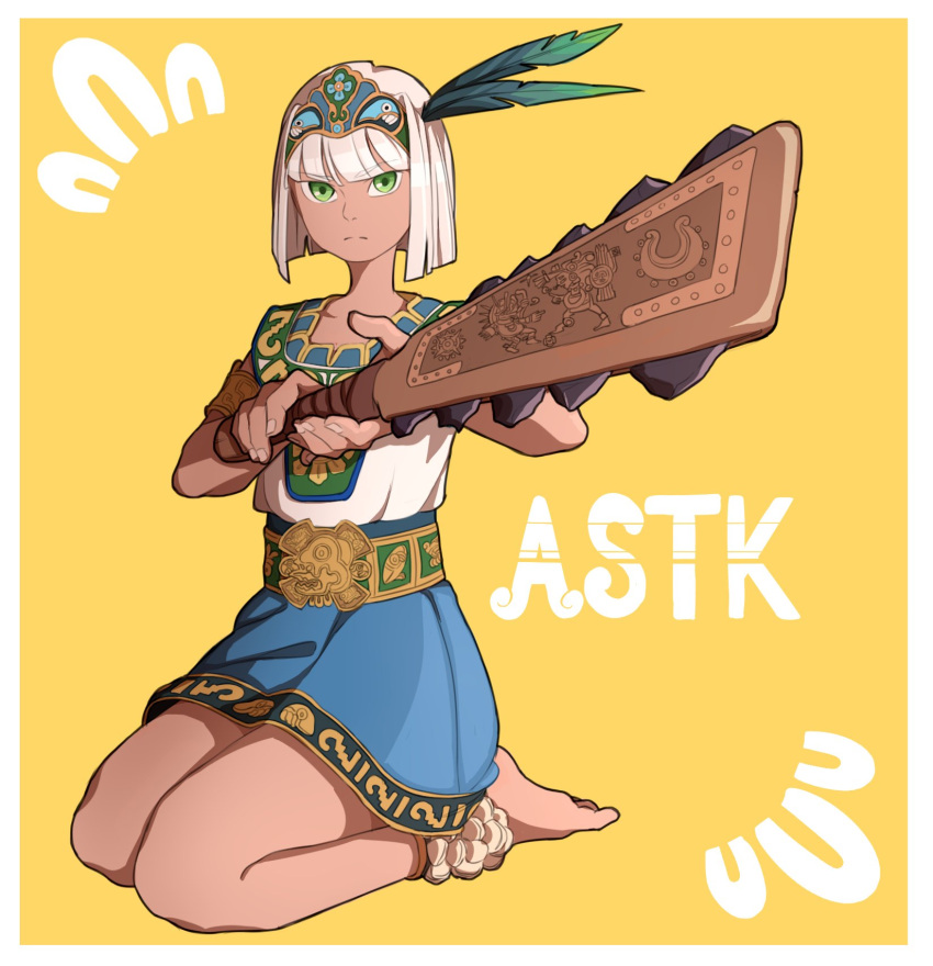 1girl, anklet, armlet, asatsuki_(cookie), aztec, bangs, barefoot, blue_skirt