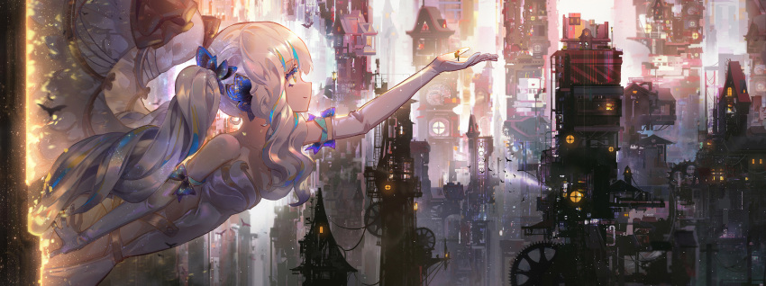1girl, 1other, ambiguous_gender, animal, arm_at_side, arm_up, backless_dress, backless_outfit