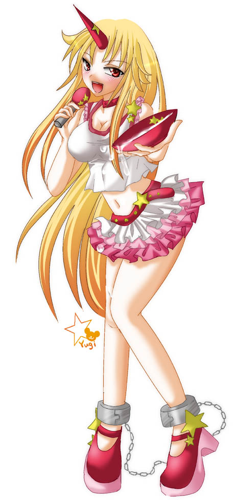 blush, breasts, chain, chains, cleavage, cuffs, horn, horns