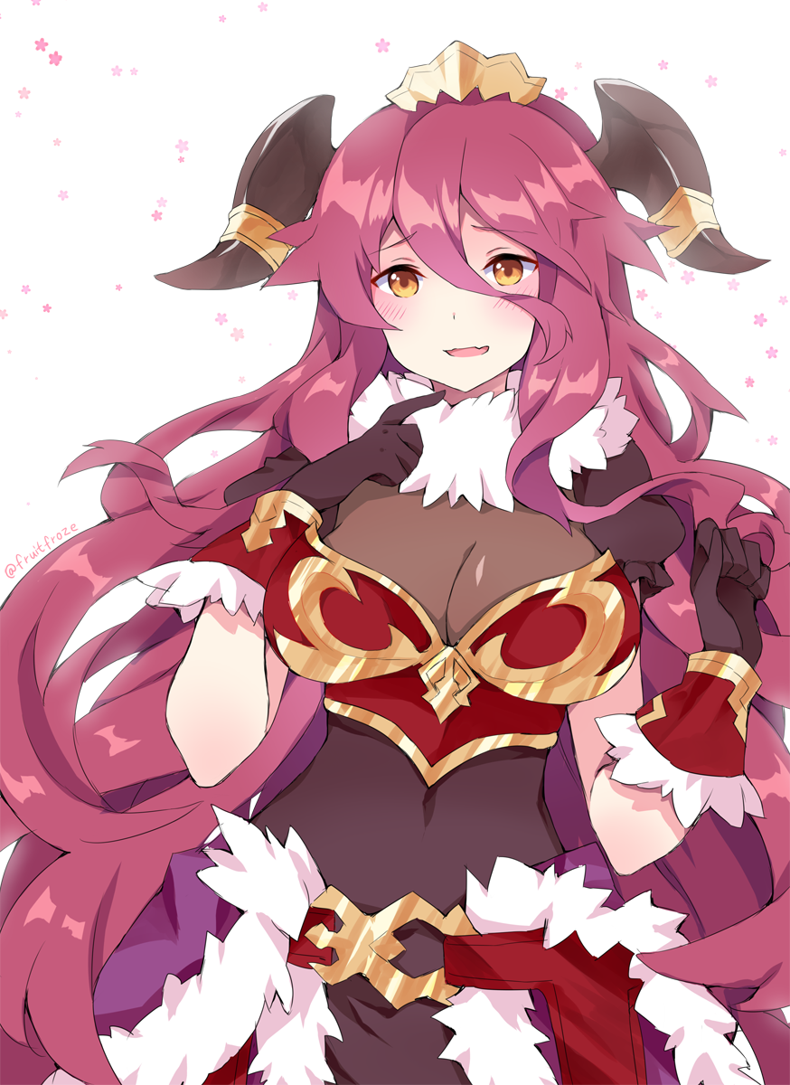 1girl, blush, breasts, cleavage, covered_navel, dragalia_lost, fang, fruitfroze