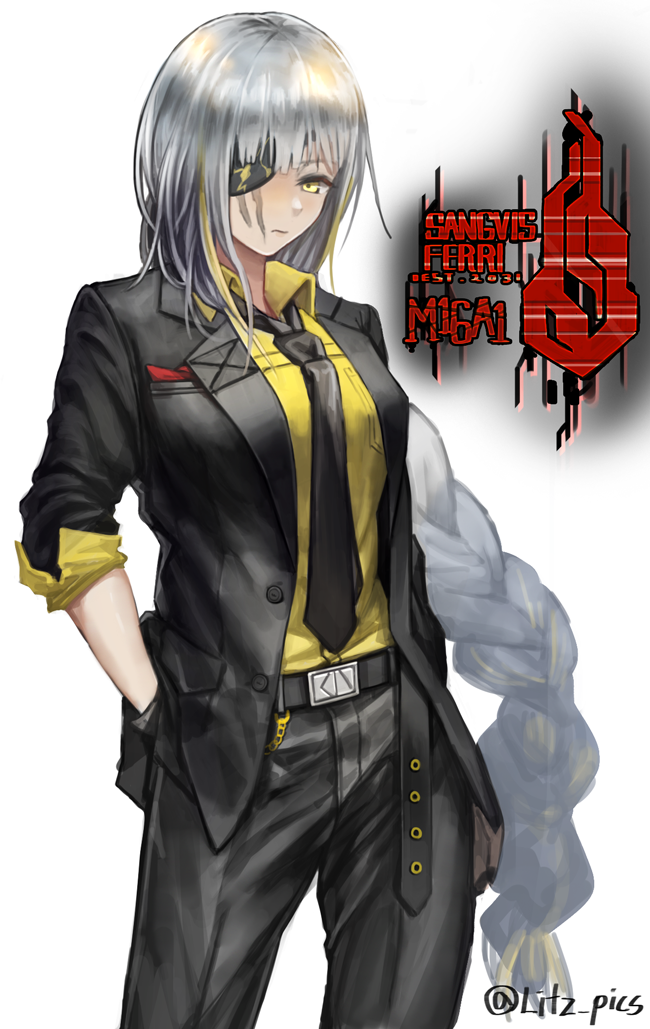 1girl, alternate_hair_color, belt, eyepatch, f_and_d, formal, girls_frontline, hands_in_pockets, jacket, long_hair, m16a1_(girls_frontline), necktie, pant_suit, sangvis_ferri, scared, shirt, solo, spoilers, suit, white_hair, yellow_eyes, yellow_shirt