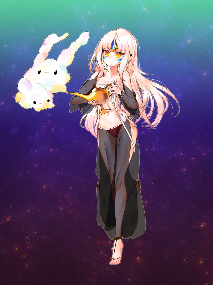 1girl, aladdin_(disney), code:_nemesis_(elsword), creature, elsword, eve_(elsword), facial_mark, forehead_jewel, full_body, highres, jinhong3w3, lamp, long_hair, sarashi, see-through, silver_hair, smoke, yellow_eyes