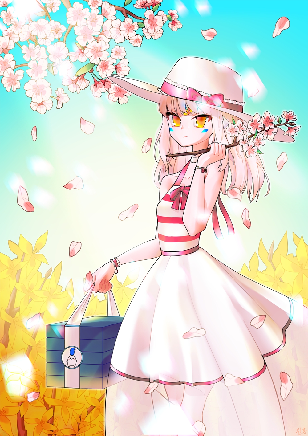 1girl, bare_shoulders, box, branch, cherry_blossoms, chilling_hedgehog_(elsword), collarbone, elsword, eve_(elsword), facial_mark, floral_background, forehead_jewel, highres, jinhong3w3, mechanical_ears, petals, pink_hair, short_hair, spring_(season), yellow_eyes