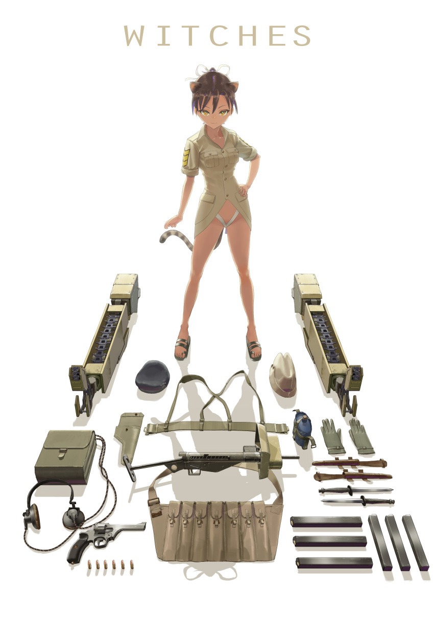 1girl, absurdres, ammunition_belt, animal_ears, backpack, bag, bangs, beret