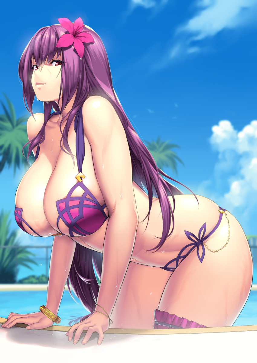 1girl, alternate_costume, bangs, bikini, blue_sky, bracelet, breasts, brown_eyes
