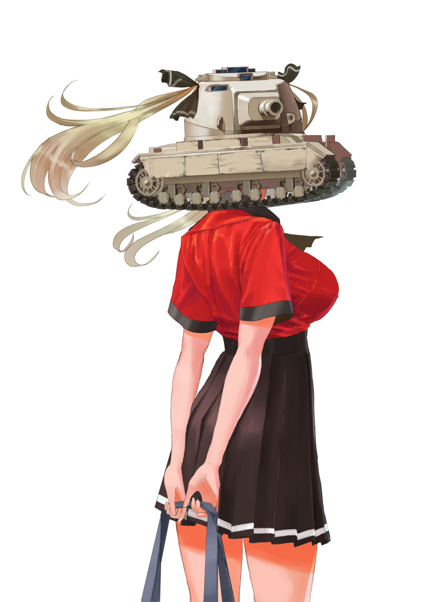 1girl, arms_behind_back, ascot, bag, bangs, black_neckwear, black_ribbon, black_skirt