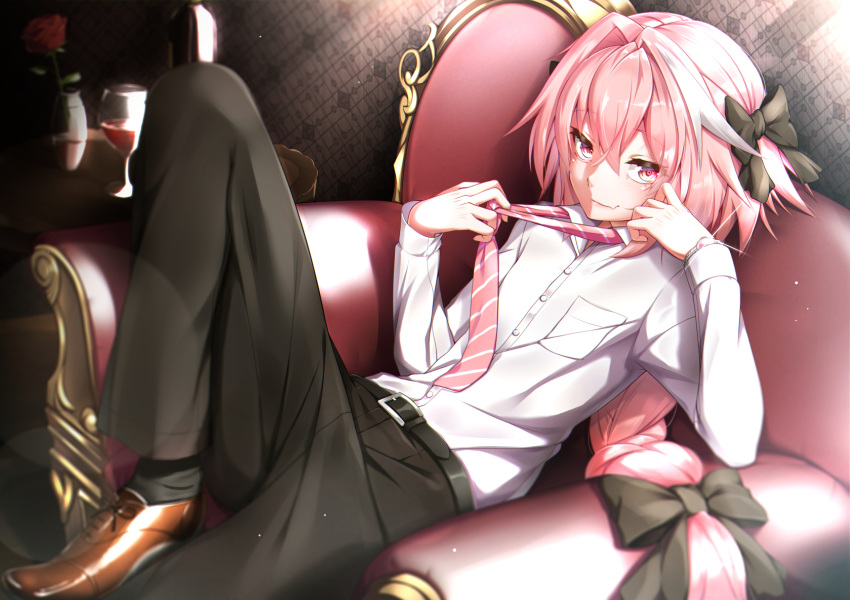 1boy, armchair, astolfo_(fate), bangs, belt, belt_buckle, black_pants, black_ribbon