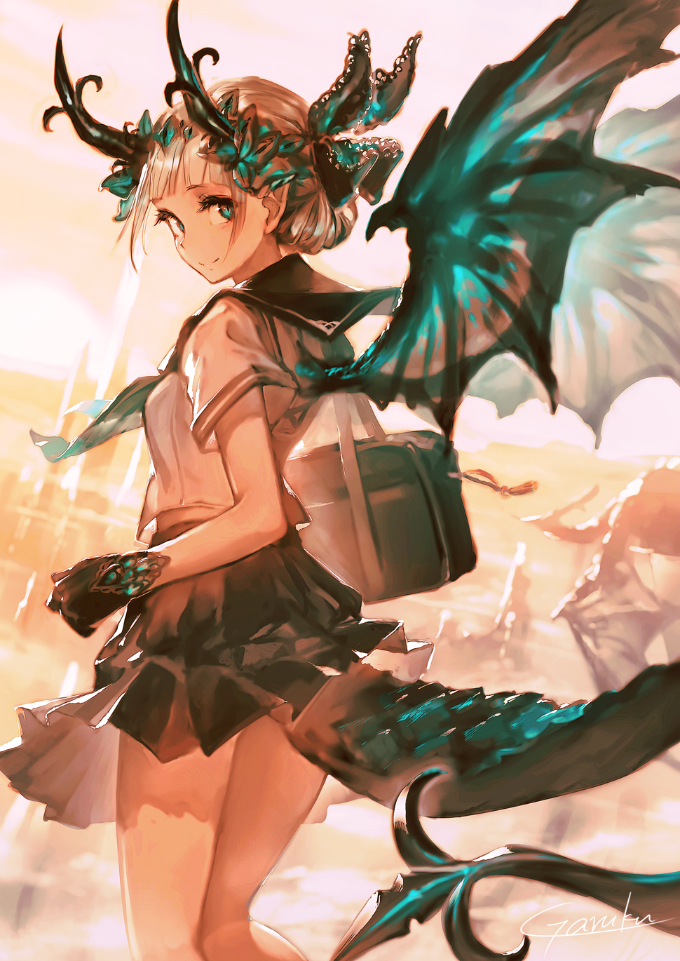 1girl, aqua_eyes, aqua_neckwear, aqua_wings, backlighting, bag, bare_legs, black_gloves