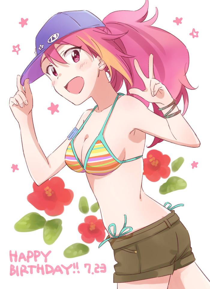 1girl, :d, bikini, blue_hat, blush, breasts, brown_ribbon, brown_shorts
