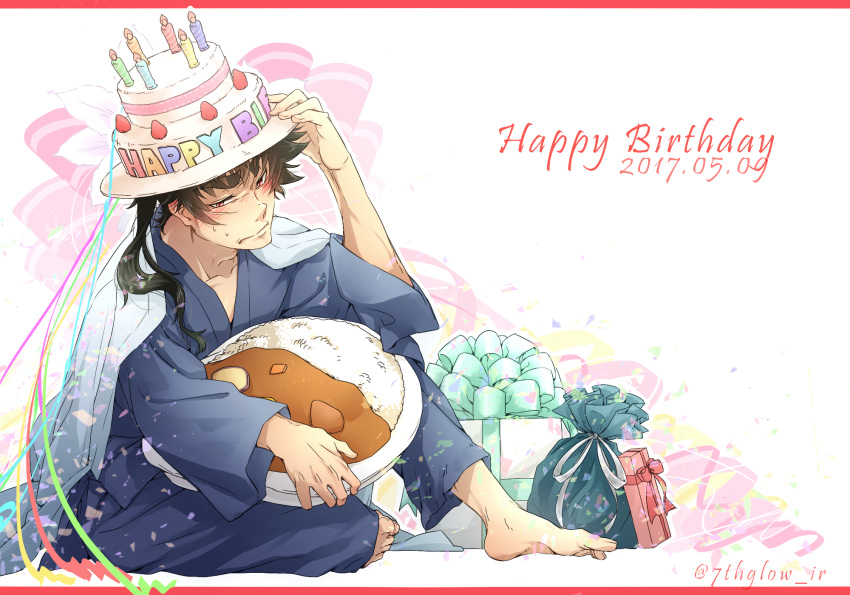 1boy, adjusting_headwear, barefoot, birthday_cake, blush, brown_hair, cake, cake_hat, food, gift, happy_birthday, highres, kuromukuro, long_hair, male_focus, ouma_kennosuke_tokisada, ponytail, red_eyes, saku_teru, sitting, solo, sweatdrop, thick_eyebrows, twitter_username