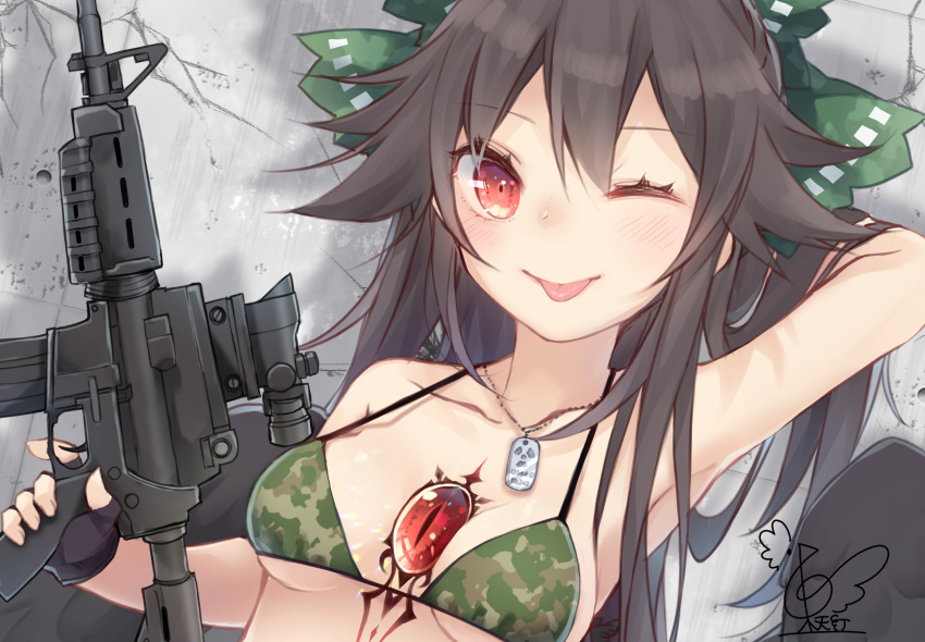 1girl, ;p, against_wall, arm_behind_head, arm_up, armpits, bangs, between_breasts
