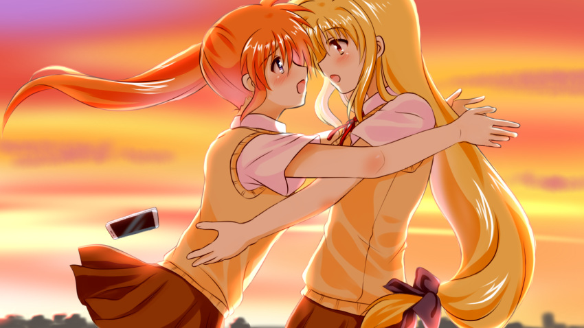 2girls, :d, black_bow, blonde_hair, blue_eyes, blush, bow, brown_skirt