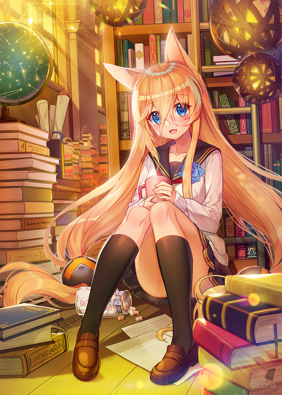 1girl, :d, animal_ears, bangs, black_legwear, black_sailor_collar, blann, blonde_hair, blue_eyes, blue_flower, blush, book_stack, bookshelf, brown_footwear, cardigan, cat_ears, celestial_sphere, circle_name, corsage, crossed_bangs, cup, eyebrows_visible_through_hair, flower, g41_(girls_frontline), girls_frontline, hair_between_eyes, hair_ornament, highres, holding, holding_cup, indoors, jar, kneehighs, knees_up, ladder, loafers, long_hair, long_sleeves, looking_at_viewer, miniskirt, mug, open_mouth, paper_roll, papers, pleated_skirt, sailor_collar, school_uniform, serafuku, shoes, sitting, sitting_on_floor, skirt, smile, solo, twintails, very_long_hair, window