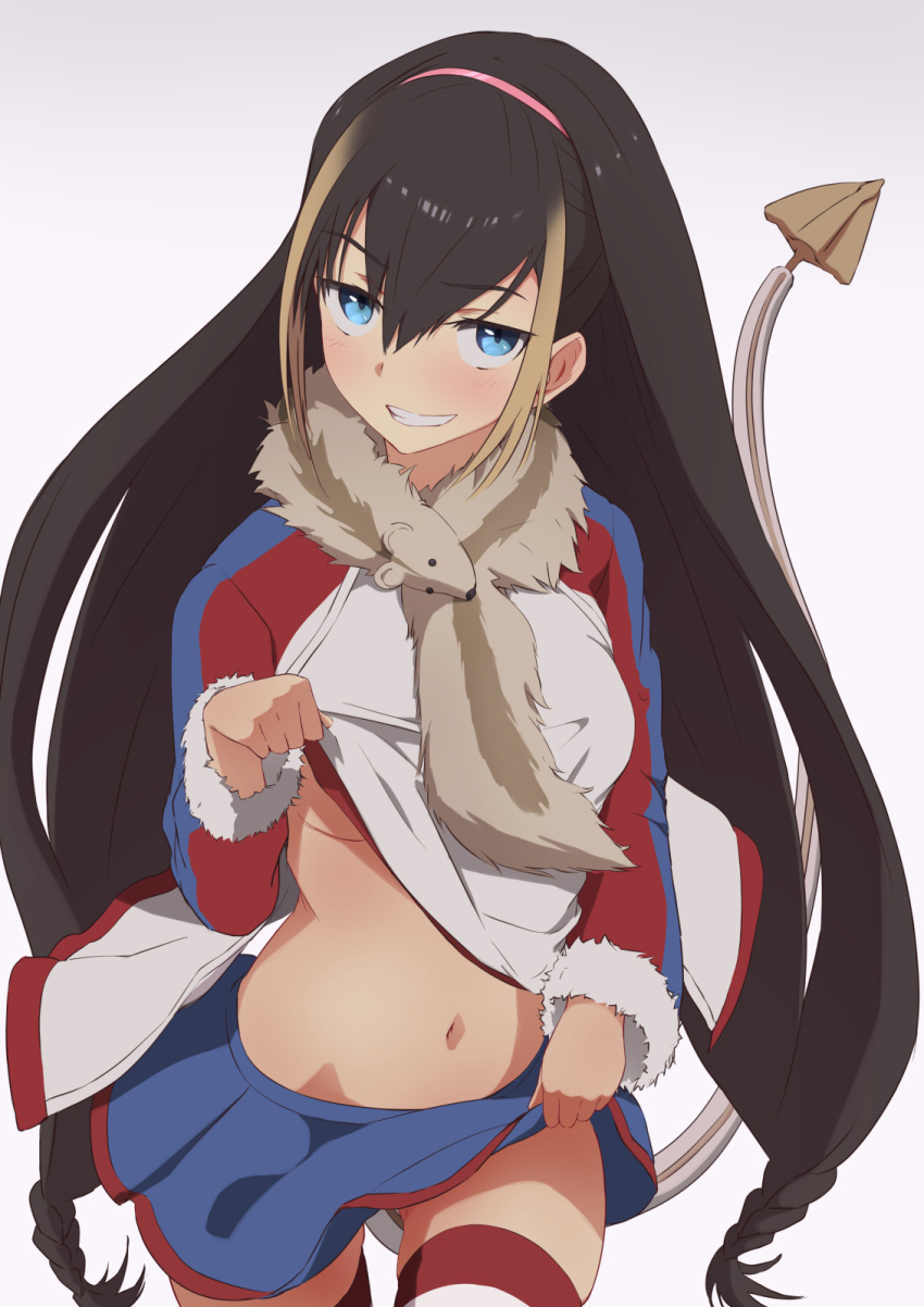 1girl, bangs, black_hair, blue_eyes, blue_skirt, blush, braid, breasts, cowboy_shot, demon_tail, eyebrows_visible_through_hair, fake_tail, fur-trimmed_sleeves, fur_scarf, fur_trim, gradient, gradient_background, hair_between_eyes, hairband, highres, jacket, jacket_lift, lessar, long_hair, long_sleeves, looking_at_viewer, low-tied_long_hair, low_braid, low_tied_hair, midriff, miniskirt, multicolored_hair, navel, no_bra, pink_hairband, sanpaku, sidelocks, skindentation, skirt, skirt_lift, small_breasts, smile, smug, solo, sonri, streaked_hair, striped, striped_legwear, tail, thigh-highs, thighs, to_aru_majutsu_no_index, track_jacket, tsurime, two-tone_hair, under_boob, very_long_hair, zettai_ryouiki