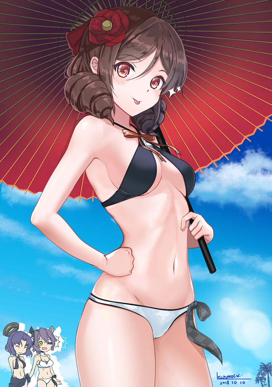 3girls, alternate_costume, bangs, bikini, blue_sky, blush, bow, breasts