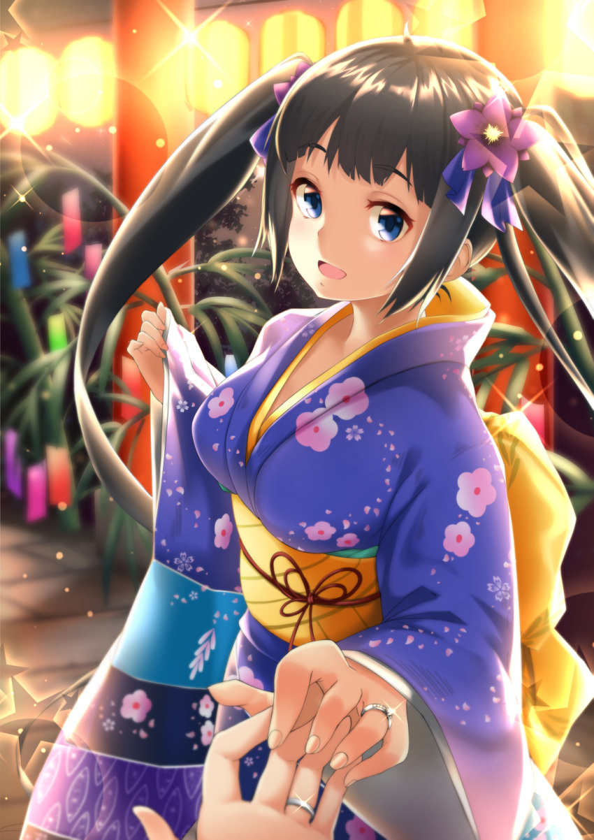 1girl, black_hair, blue_eyes, blue_kimono, breasts, commission, dungeon_ni_deai_wo_motomeru_no_wa_machigatteiru_darou_ka, floral_print
