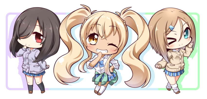 >_o, 3girls, ;), bangs, black_legwear, blonde_hair, blue_bow, blue_eyes