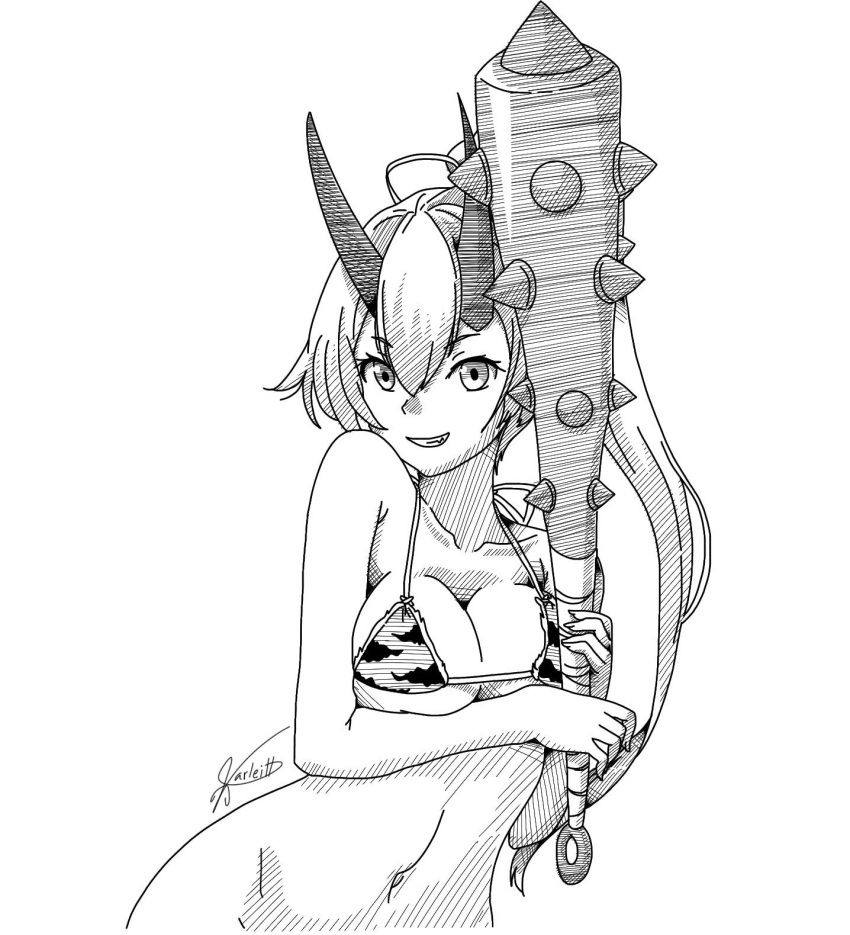 1girl, animal_print, arm_under_breasts, bikini_top, bottomless, club, collarbone, fate/grand_order, fate_(series), grin, hair_between_eyes, highres, holding, holding_weapon, kanabou, long_hair, looking_at_viewer, monochrome, navel, no_panties, oni_horns, out-of-frame_censoring, ponytail, signature, simple_background, smile, solo, tiger_print, tomoe_gozen_(fate/grand_order), varliet, weapon, white_background