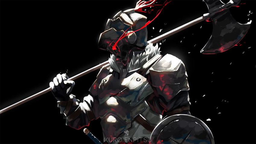 1boy, armor, black_background, glowing, glowing_eyes, goblin_slayer, goblin_slayer!, helmet