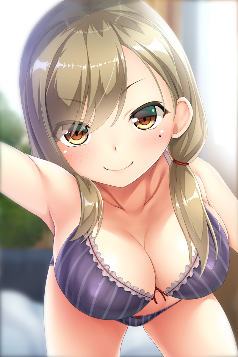 1girl, bangs, black_bra, black_panties, blurry, blurry_background, blush, bow