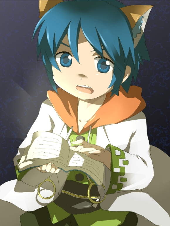 1boy, animal_ears, blue_eyes, blue_hair, book, cat_ears, commentary_request, labcoat