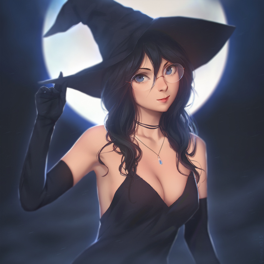 >:), 1girl, armpits, black_choker, black_dress, black_gloves, black_hair, black_hat