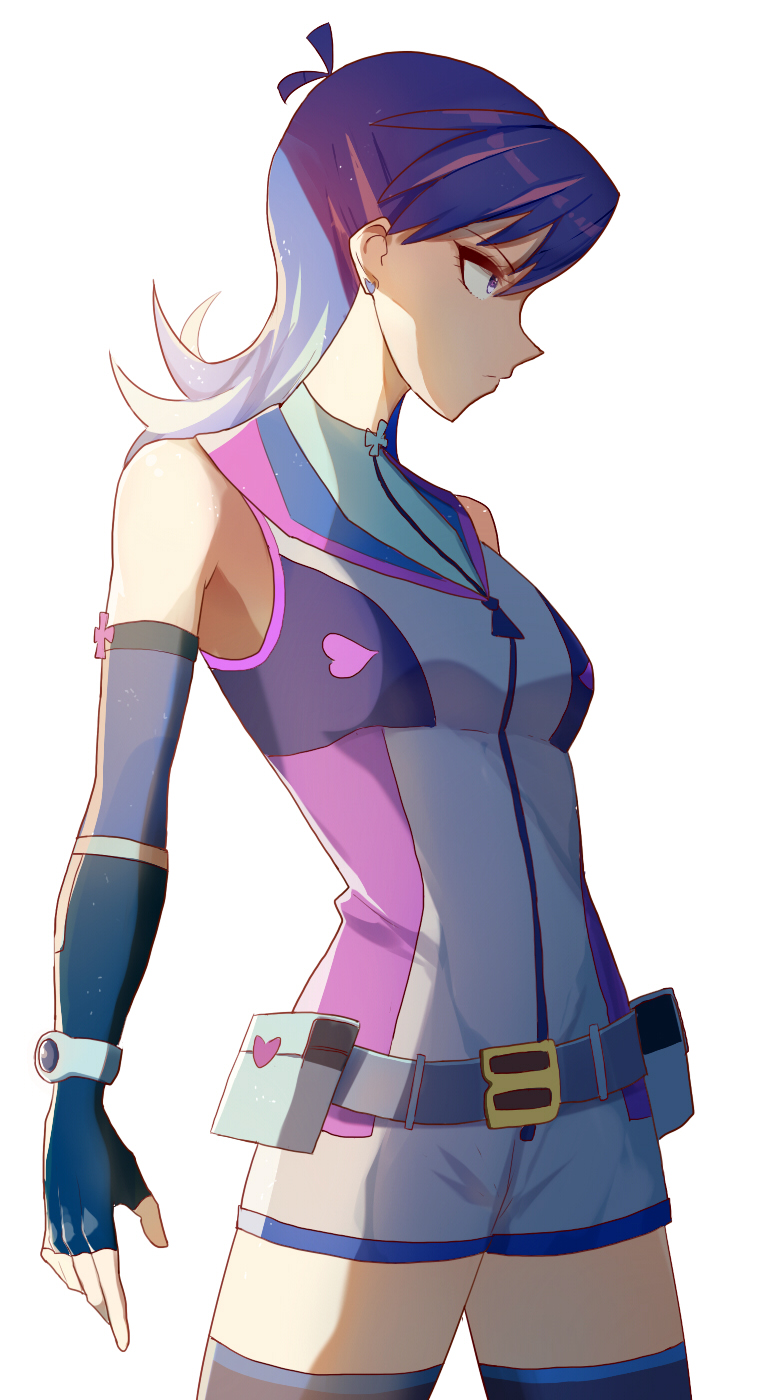 1girl, backlighting, bangs, bare_shoulders, blue_girl, blue_hair, breasts, closed_mouth