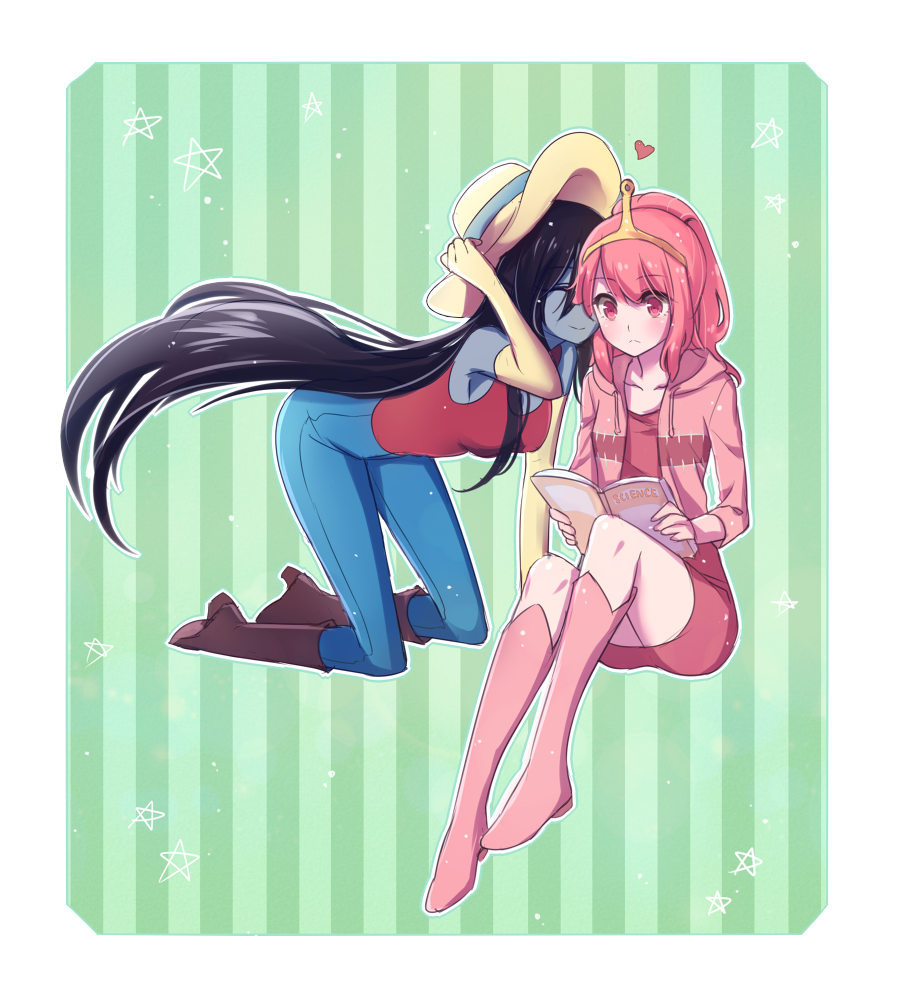 2girls, adventure_time, blue_ribbon, blush, book, boots, brown_footwear, closed_eyes