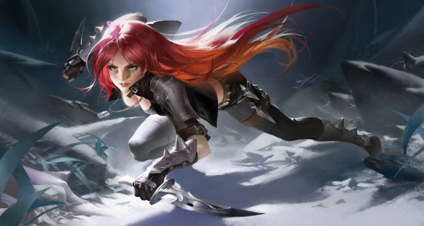 1girl, black_gloves, black_pants, breasts, cleavage, dagger, dog_tags, gloves, green_eyes, highres, katarina_du_couteau, lao_wang, league_of_legends, leaning_forward, long_hair, pants, parted_lips, redhead, solo, vambraces, weapon