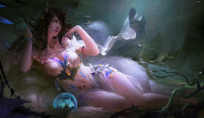 1girl, alternate_costume, animal_ears, breasts, cleavage, collarbone, dress, fox_ears, fox_girl, fox_tail, highres, lao_wang, league_of_legends, long_hair, navel, parted_lips, solo, tail, whisker_markings, yellow_eyes