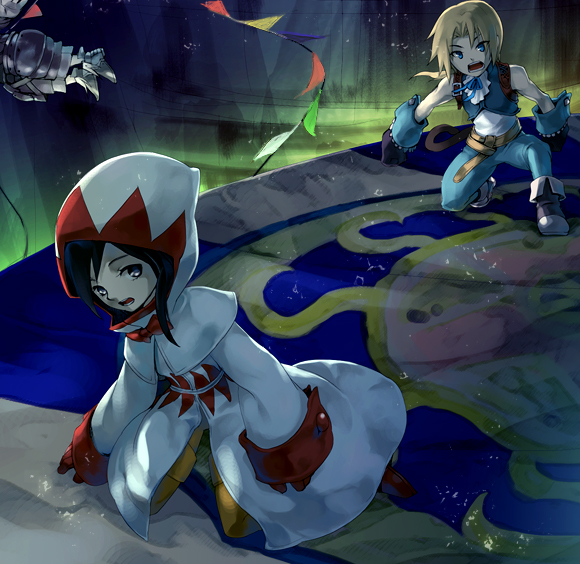 1girl, adelbert_steiner, black_hair, blonde_hair, bodysuit, breasts, final_fantasy, final_fantasy_ix