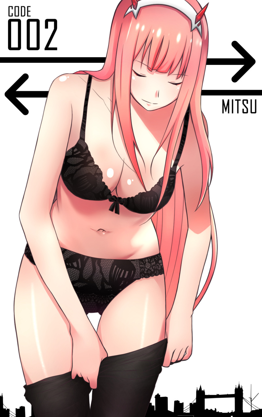 1girl, artist_name, bangs, black_bra, black_panties, bow, bow_bra, bra, breasts, character_name, cityscape, cleavage, closed_eyes, closed_mouth, commentary, cowboy_shot, darling_in_the_franxx, directional_arrow, eyebrows_visible_through_hair, facing_viewer, gluteal_fold, headgear, highres, lace, lace_bra, lace_panties, light_smile, lingerie, long_hair, medium_breasts, mitsu_(multim), navel, panties, pantyhose, pantyhose_pull, solo, standing, thigh_gap, underwear, underwear_only, white_background, zero_two_(darling_in_the_franxx)