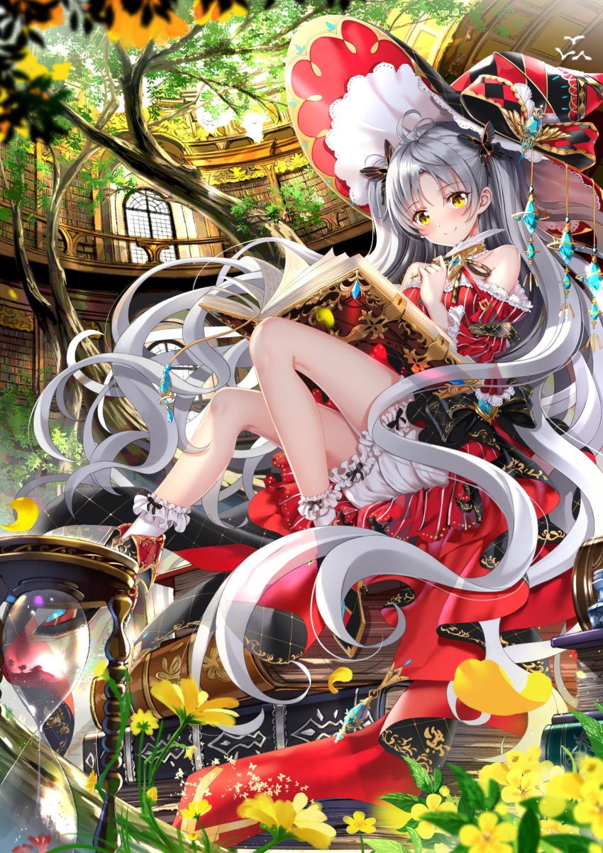 1girl, argyle, argyle_bow, bangs, bare_shoulders, black_footwear, black_hat, bloomers