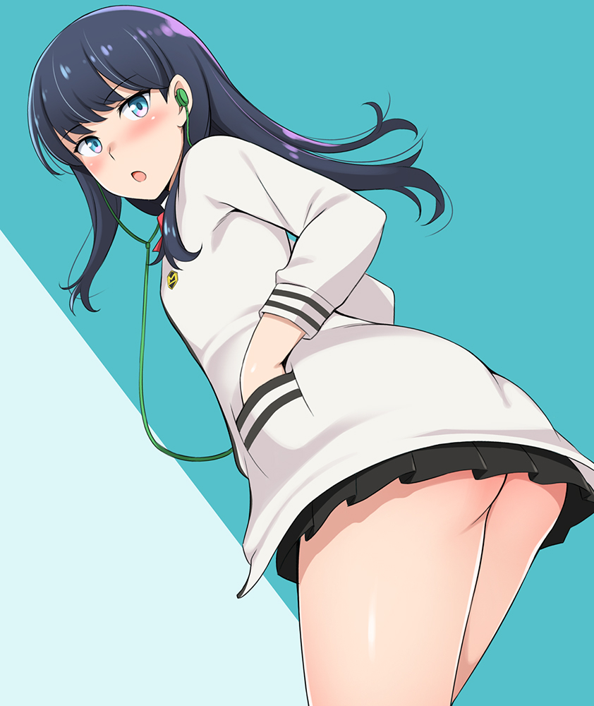 1girl, ass, bangs, black_hair, blue_eyes, blush, cardigan, earphones