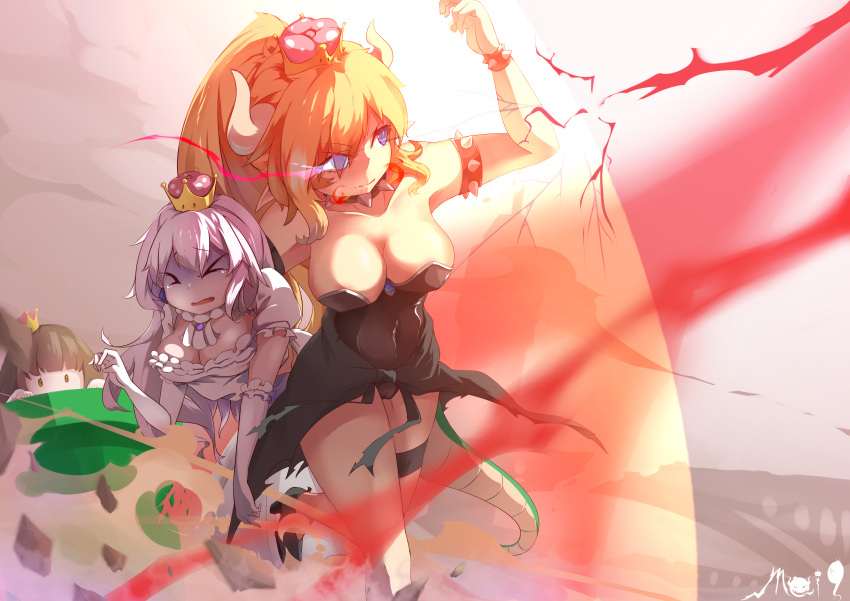 3girls, absurdres, bilibili-mei9, bowsette, bracelet, character_request, collar, crown, dress, force_field, highres, jewelry, luigi's_mansion, super_mario_bros., multiple_girls, new_super_mario_bros._u_deluxe, nintendo, pale_skin, princess_king_boo, sharp_teeth, spiked_armlet, spiked_bracelet, spiked_collar, spiked_shell, spiked_tail, spikes, super_crown, teeth, turtle_shell, white_dress, white_hair