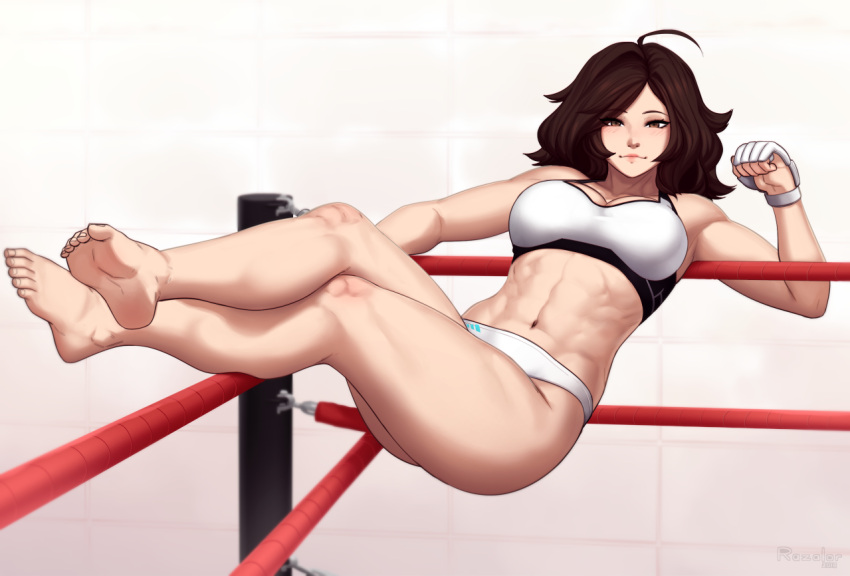 1girl, abs, ahoge, ass, barefoot, blush, boxing_ring, breasts
