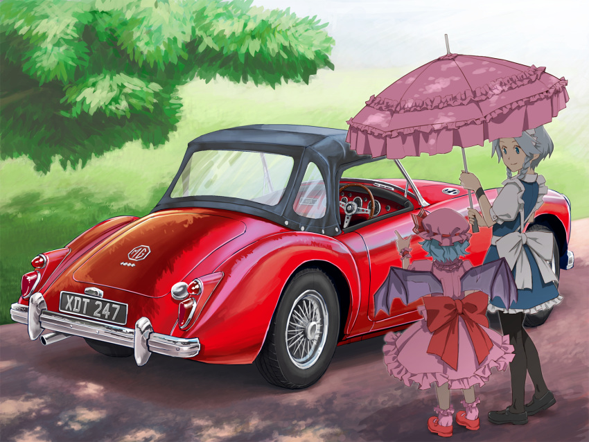 2girls, bangs, bat_wings, black_footwear, black_legwear, blue_eyes, blue_hair, blue_skirt, blue_vest, bow, braid, car, chanko, closed_mouth, commentary_request, dappled_sunlight, day, dress, frilled_dress, frilled_legwear, frilled_skirt, frills, grass, grey_hair, ground_vehicle, hat, hat_ribbon, highres, holding, holding_umbrella, izayoi_sakuya, large_bow, logo, looking_at_another, maid, maid_headdress, mary_janes, medium_dress, mga_1600, mob_cap, motor_vehicle, multiple_girls, outdoors, pantyhose, parasol, pink_dress, pink_footwear, pink_hat, pink_legwear, pink_umbrella, pointing, puffy_short_sleeves, puffy_sleeves, red_bow, remilia_scarlet, ribbon, road, shoes, short_hair, short_sleeves, sidelocks, skirt, skirt_set, smile, socks, standing, sunlight, touhou, tree, twin_braids, umbrella, vest, white_bow, wings, wrist_cuffs