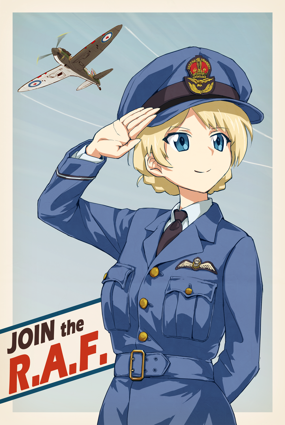 1girl, aircraft, airplane, arm_behind_back, arm_behind_head, bangs, black_neckwear, blonde_hair, blue_belt, blue_eyes, blue_hair, blue_jacket, braid, chanko, closed_mouth, commentary_request, condensation_trail, crown, darjeeling, dress_shirt, emblem, english, eyebrows_visible_through_hair, girls_und_panzer, hat, highres, jacket, looking_to_the_side, military, military_hat, military_uniform, military_vehicle, motion_blur, necktie, outside_border, partial_commentary, peaked_cap, poster, roundel, royal_air_force, shirt, short_hair, smile, solo, spitfire_(airplane), standing, tied_hair, twin_braids, uniform, upper_body, white_shirt, wing_collar, world_war_ii