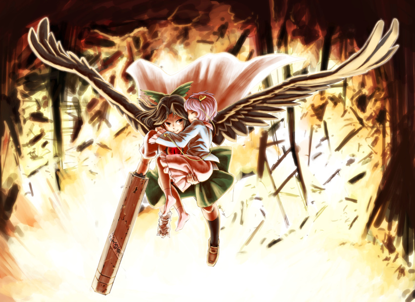 2girls, arm_cannon, backlighting, bangs, bird_wings, black_hair, black_legwear, black_wings