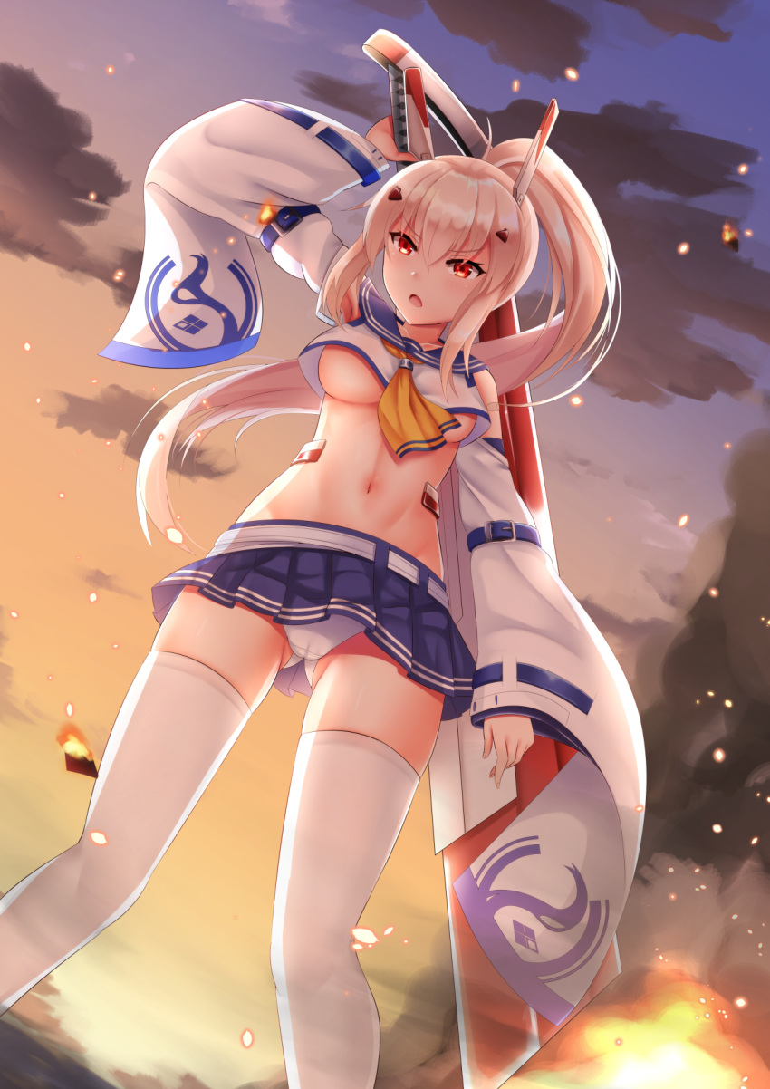 1girl, ayanami_(azur_lane), azur_lane, breasts, clouds, cloudy_sky, commentary_request, detached_sleeves, f_(milfaaaaa), from_below, hair_ornament, hairclip, highres, holding, holding_sword, holding_weapon, long_hair, looking_at_viewer, looking_down, navel, panties, pantyshot, pantyshot_(standing), petals, pleated_skirt, ponytail, red_eyes, remodel_(azur_lane), school_uniform, serafuku, skirt, sky, solo, standing, sword, thigh-highs, twilight, under_boob, underwear, weapon, white_legwear, white_panties, wide_sleeves, wind, zettai_ryouiki