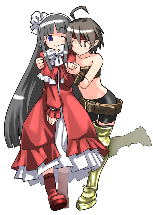 beltbra, beltskirt, bike_shorts, disgaea, hand_holding, holding_hands, hug, mage_(disgaea), multiple_girls, warrior_(disgaea), white_arts